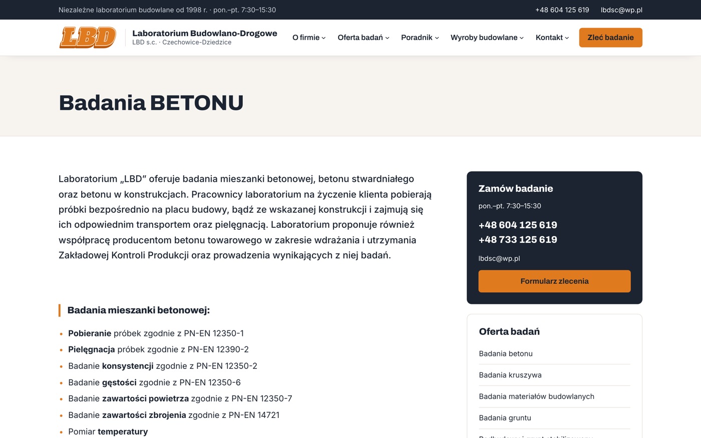 Nowa podstrona oferty – badania betonu